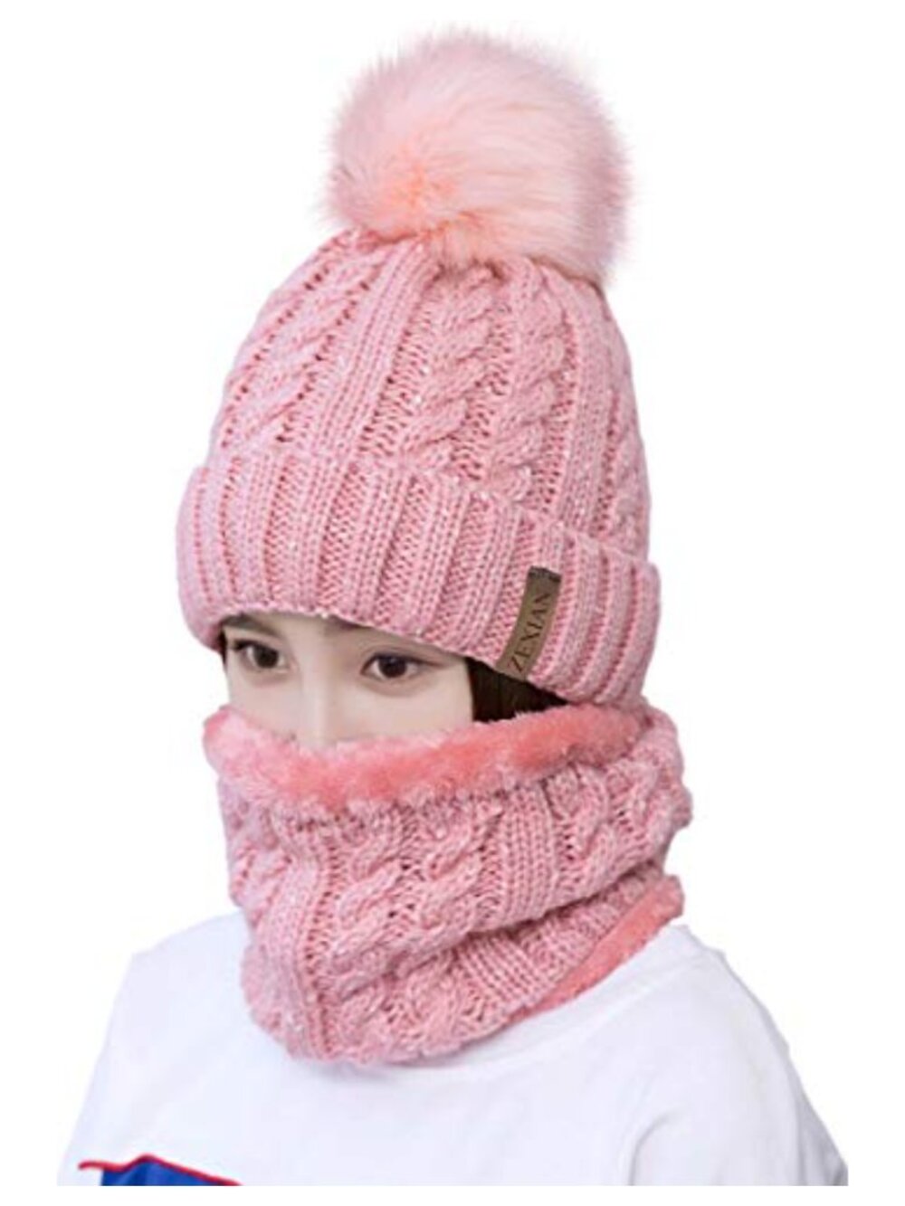 Acrylic Knit Pom Beanie Hat Scarf Set Winter Ski Warm